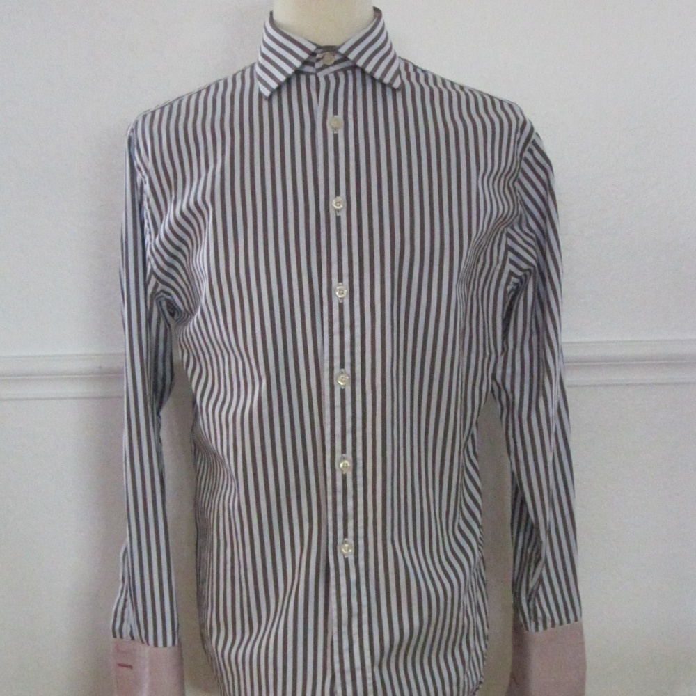 Rufus Men's L Long Sleeve Collared Brown Blue Striped Button Down Cuff Link